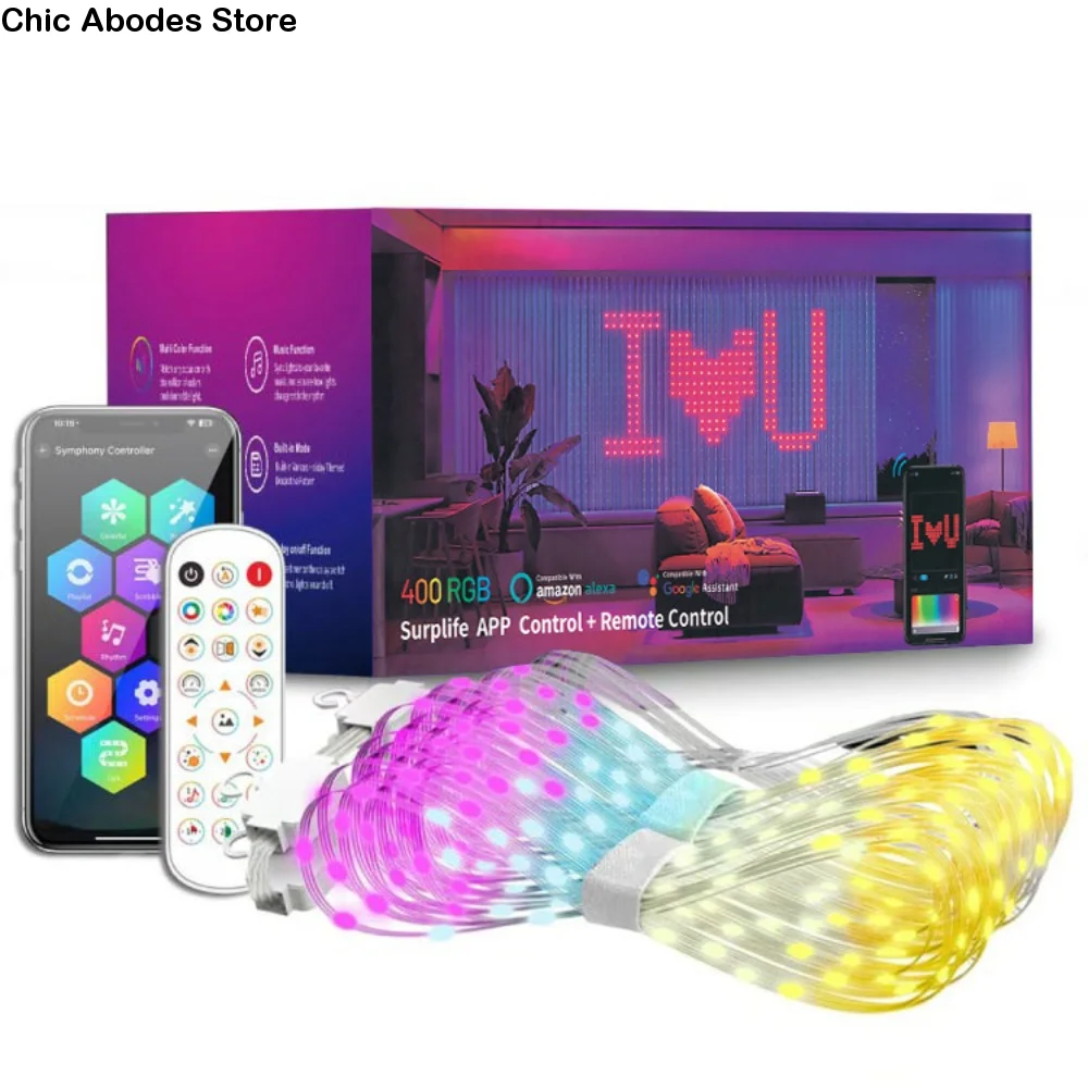APP Controlled Fairy String Lights DIY Pattern IP65 Waterproof RGB Pixel Lights Music Sync RGB Color Changing LED Curtain Lights