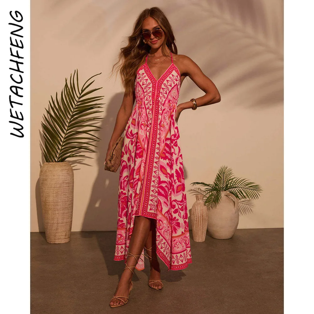 Sexy Elegant V Neck Floral Maxi Dresses Women Summer Holiday Boho Beach Evening Printed Slip Dress Clothes 2025 Fashion Robe