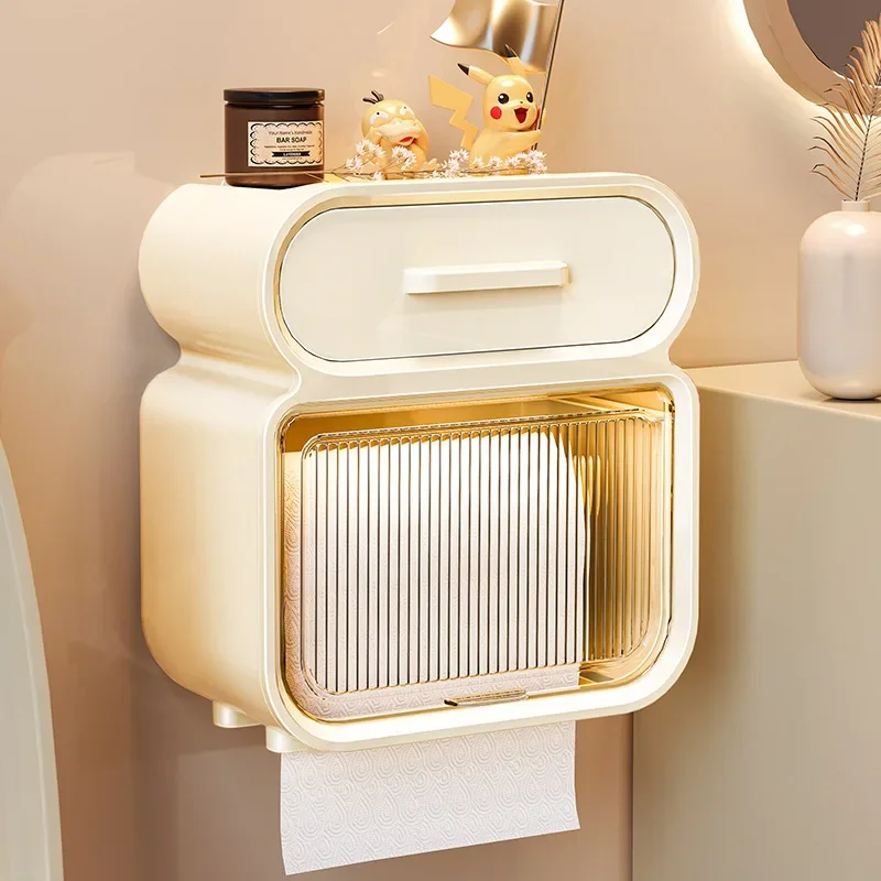 ティッシュボックス、トイレットペーパー収納ラック、ロールペーパー防水壁掛け、非穴あきティッシュラックトイレットペーパー収納