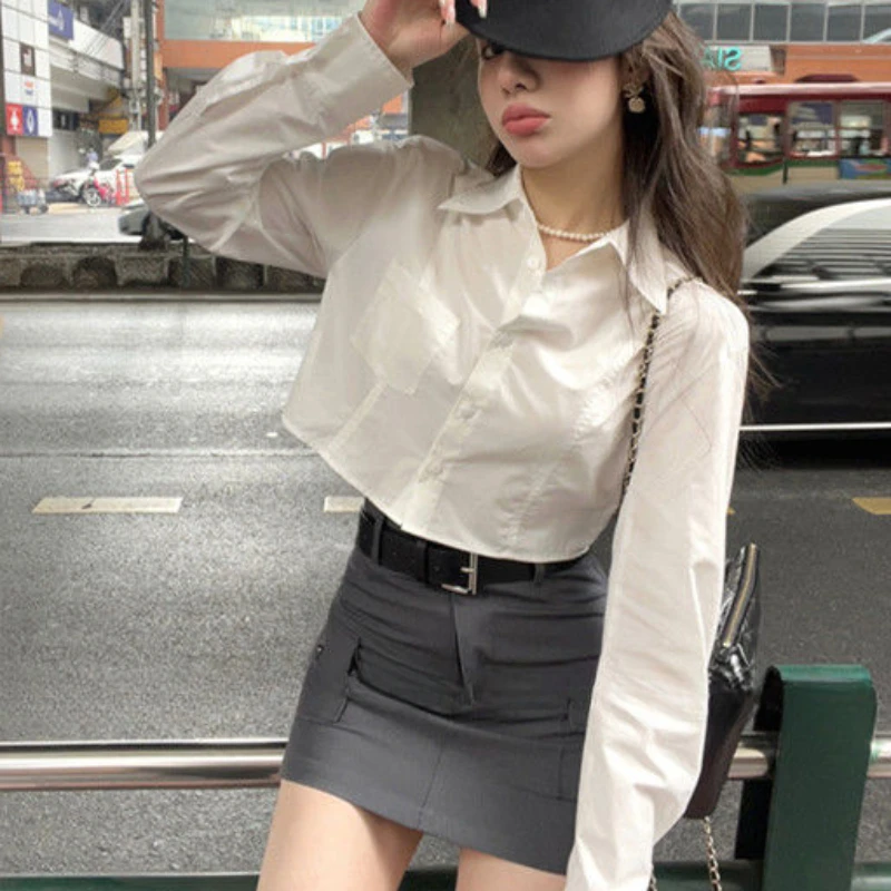 Long Sleeve Women Shirt Solid All-match High Street Preppy Style Spring Korean Fashion Sweet Hot Girls Crop Tops Casual Students