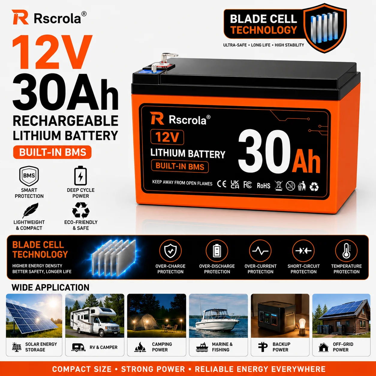 12V 30AhLithium Battery Blade Cell Built-in BMS for RV Solar Camping Marine