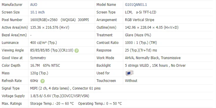 G101QAN01.1 Painel LCD de resolução de 10,1 polegadas 1600x2560