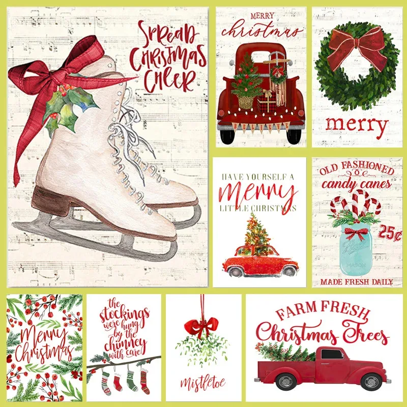 Merry Christmas Stocking Truck Car Retro Posters and Prints Canvas Painting Nordic Wall Art Pictures Living Room Home Decor