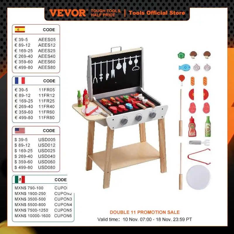 

VEVOR Simulation Kitchen Barbecue Toys Wooden Grill Toy Set Montessori Pretend Play Food BBQ Toy Playset for Kids Girls Gifts