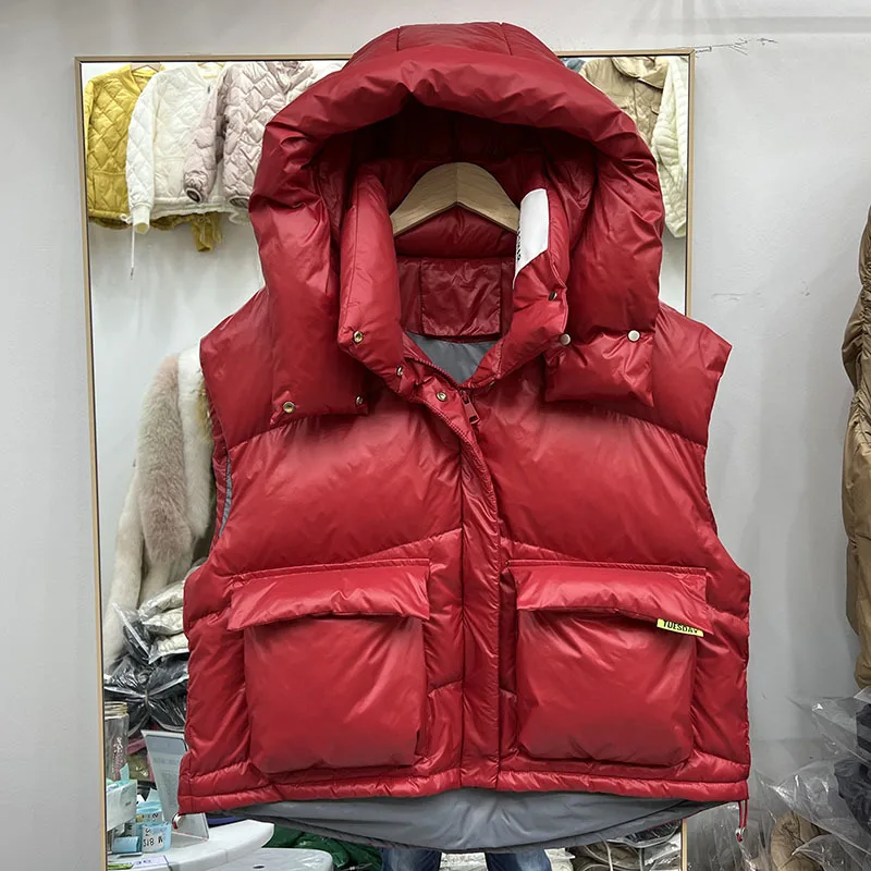 Winter 2023 New Down Jacket Women\'s Fashion Sleeveless Hooded Label Candy Color White Duck Down Coat куртка зимняя женская