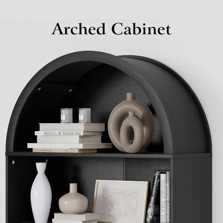 71 Tall Arched Bookshelf for Living Room Office: 5-Tier Modern Farmhouse Wood Bookcase with Adjustable Shelves, Sliding Doors, - view 3