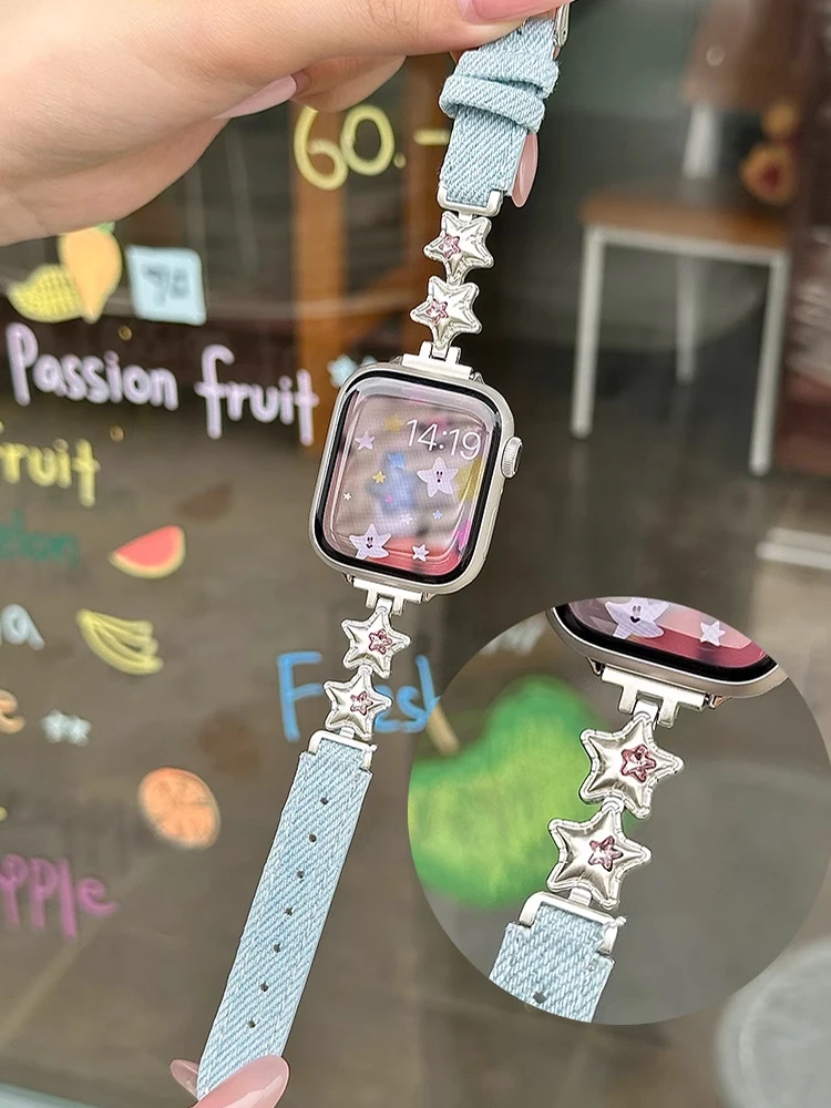 الفاخرة الماس ستار الفرقة ل أبل الترا 10 9 8 7 6 SE 5 الدنيم سوار حزام ل iWatch 38 مللي متر 40 مللي متر 41 مللي متر 42 مللي متر 45 مللي متر 46 مللي متر 49 متر