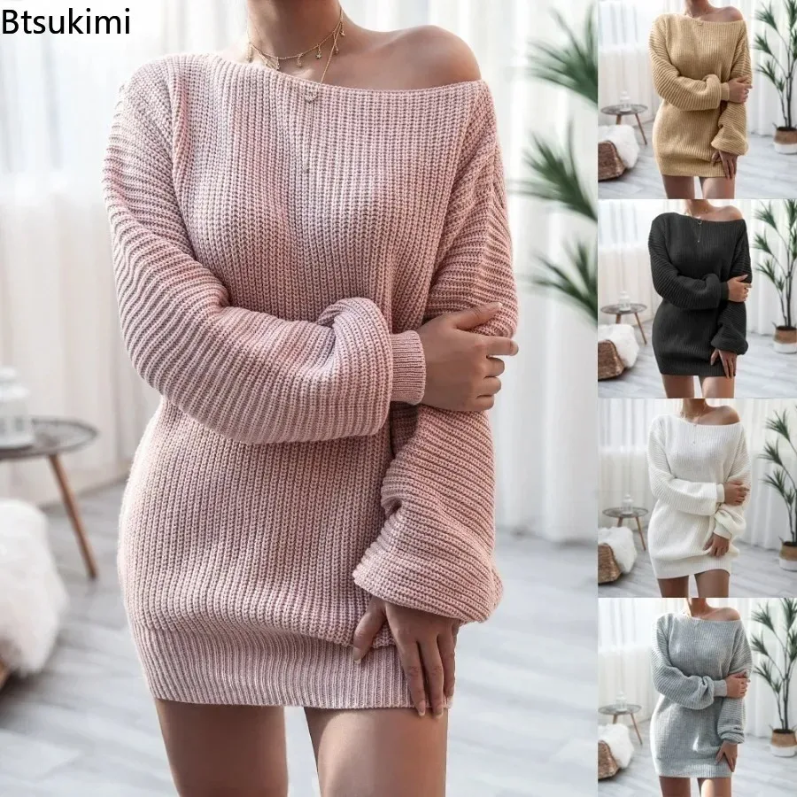 Neues Damen-Freizeitkleid aus Strick, Einfarbig, Langarm, Locker Sitzend, Warmes Strickkleid für Herbst und Winter, Mini-Kleider für Frauen