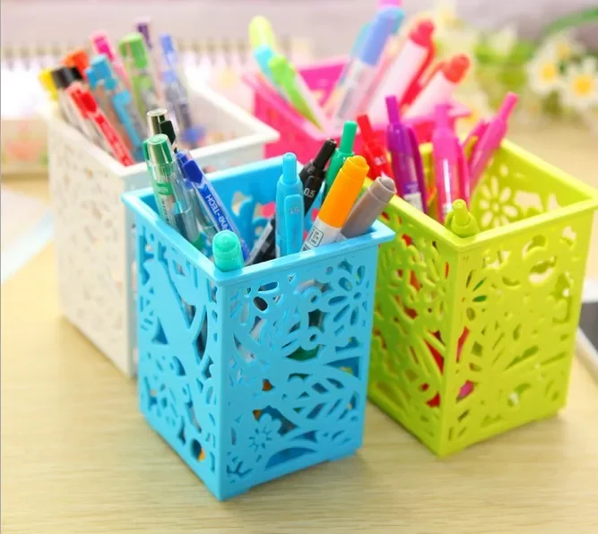 

2PC Desktop Plastic Square Hollow Storage Organizer Pencil Storage Box Stand Container Student Stationery Pen Holders LF 058