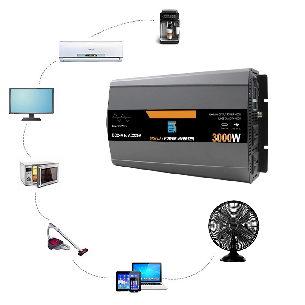 Inverter daya gelombang sinus murni, Inverter daya 12V 24V 48V ke 110V 220V beberapa tegangan 3000W 4000W 5000W 6000W, Inverter surya Off Grid