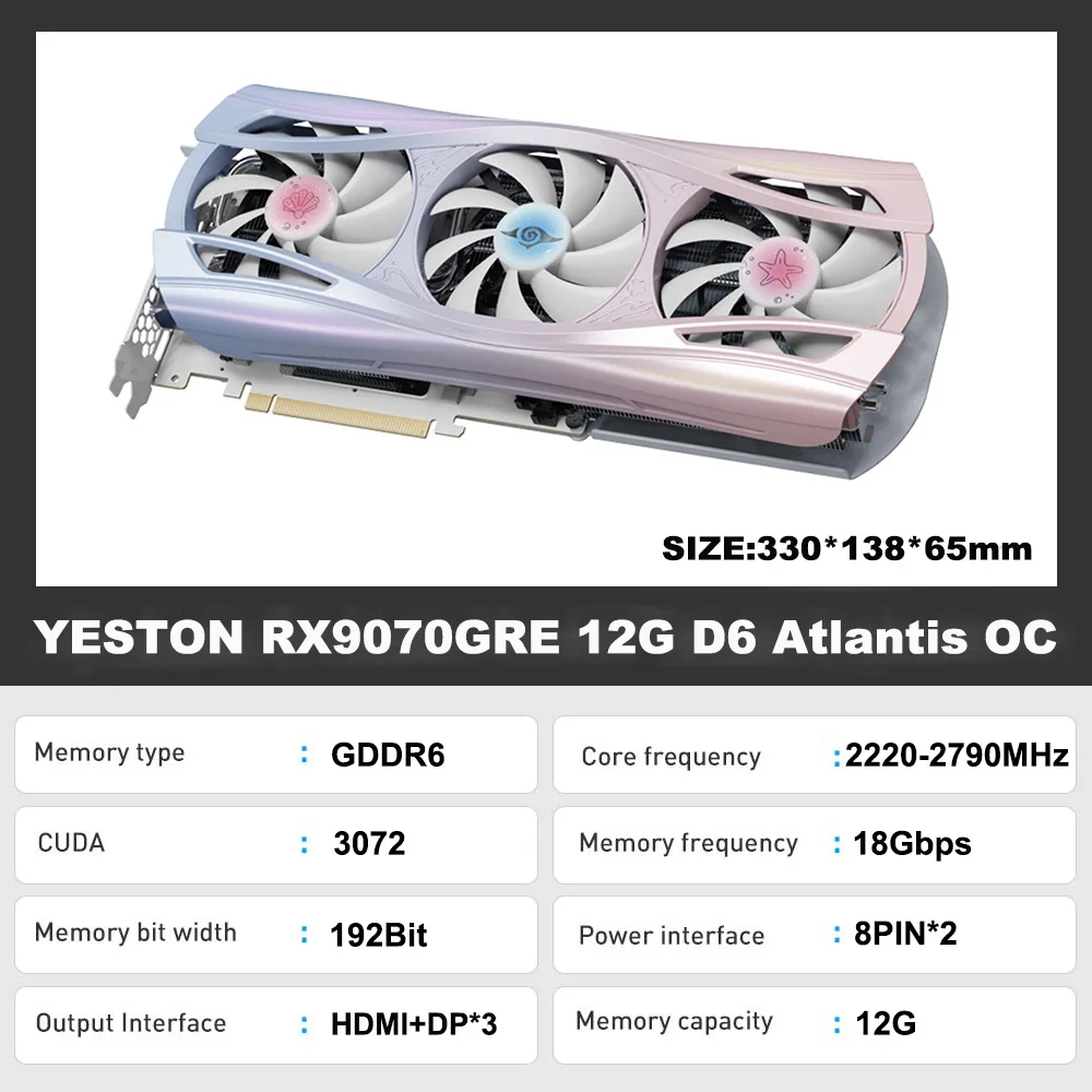 YESTON RX 9070GRE 12G D6 بطاقة الرسومات 192bit 12G GDDR6 9070GRE 2220MHz 4NM بطاقة الفيديو لسطح المكتب للألعاب ыыыыыыыындыыыыыыonomia AMD GPU