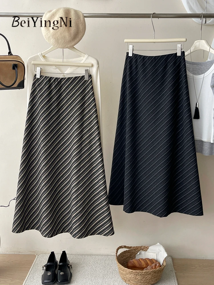 

Beiyingni, французские винтажные длинные юбки для женщин, полосатая повседневная тонкая юбка трапециевидной формы с высокой талией, женская осенне-зимняя корейская юбка Faldas