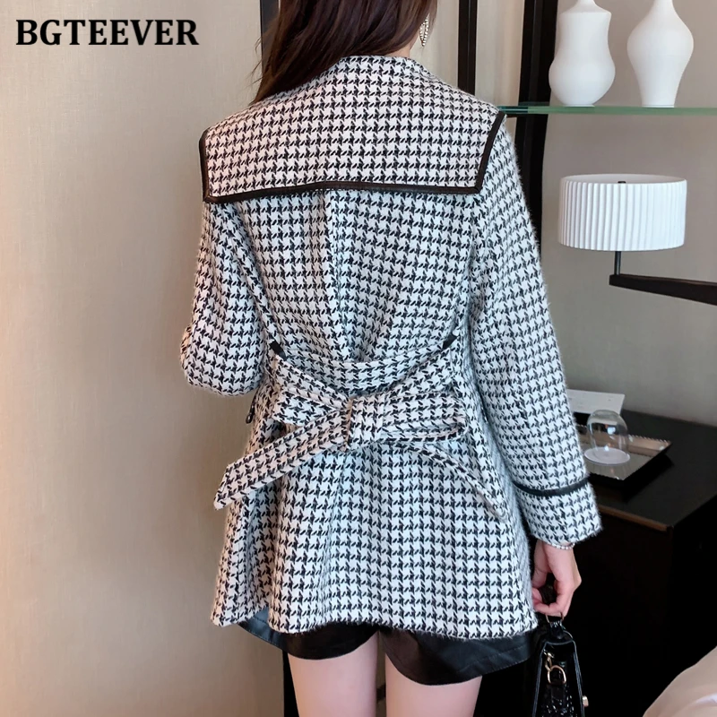 BGTEEVER Chic Stylish Loose Pockets Women Houndstooth Suit Jackets Autumn Elegant Long Sleeve Female Single-breasted Blazer Tops