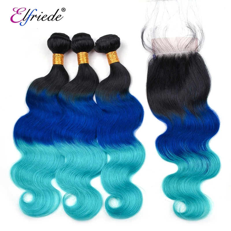 Elfriede #T1B/Blue /Light Blue Body Wave Human Hair Bundles with Closure Remy Hair Sew In Wefts 3 Bundles with Lace Closure 4x4