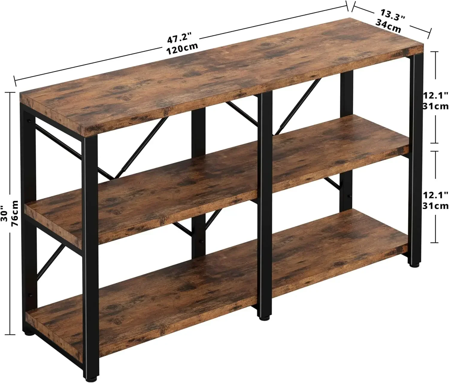 Rustic Entryway Console Table, Long Hallway Table 47in 3-Tier, TV Stand Entertainment Center Media Stand for Living Room