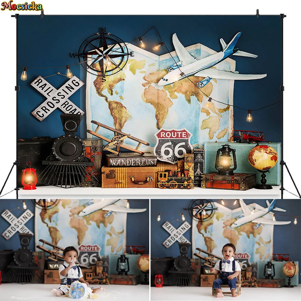 

Boy Adventure Birthday Theme Party Backdrop Lamp Blue Retro Map Airplane Train Background Decor Kids Cake Smash Studio Photozone