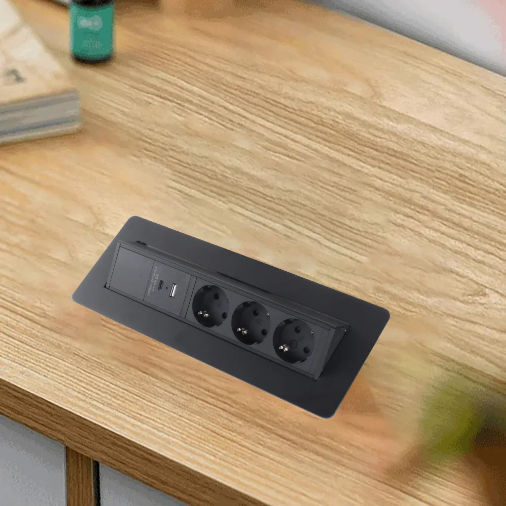 ANSSIN EU Standard Hidden Type Table Socket Pop-up Power Desk Socket with USB / Tpye C Aluminum Alloy Embedded Desk Socket