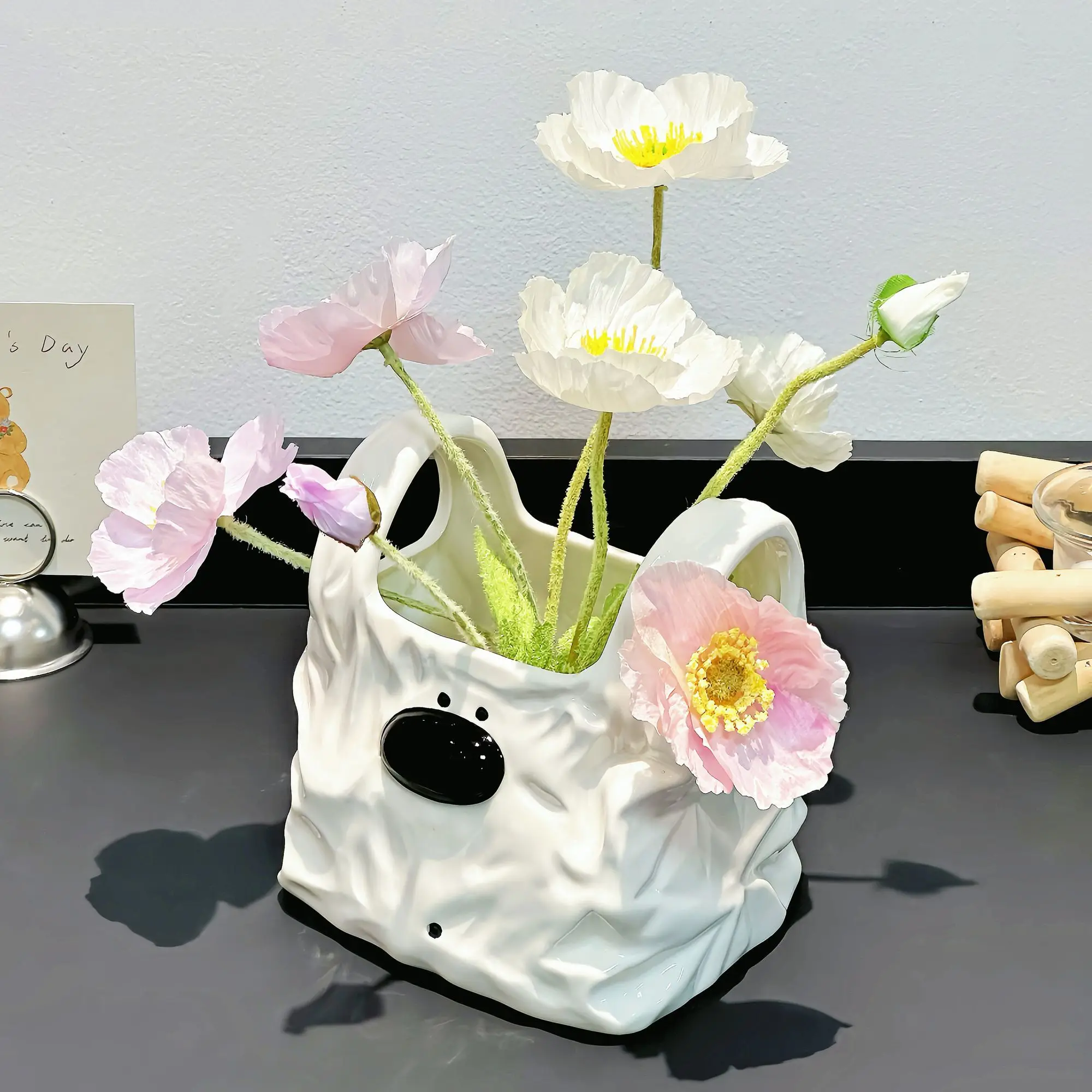 Cute Dog Handbag Vase Ceramic Decor- Aesthetic Floral Display for Living Room TV Stand & Entryway