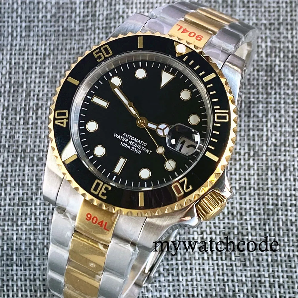 BLIGER Black Dial Gold Coated Bezel Bracelet 3.8 Crown NH35A 40mm Automatic Wristwatch for Men Sapphire Crystal Auto Date