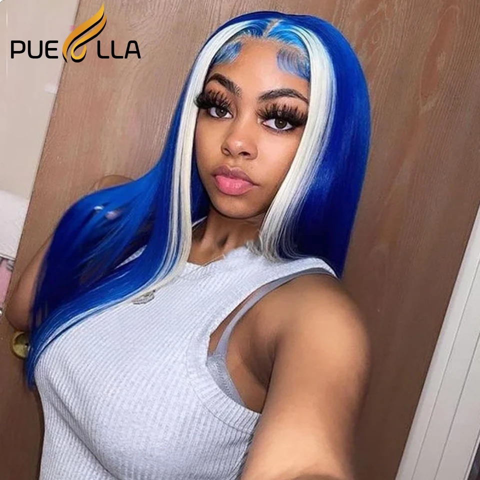 Perruque Lace Closure Wig naturelle brésilienne ombrée bleue, cheveux lisses, 5x5, 13x6, 30 pouces, à reflets, pour femmes africaines