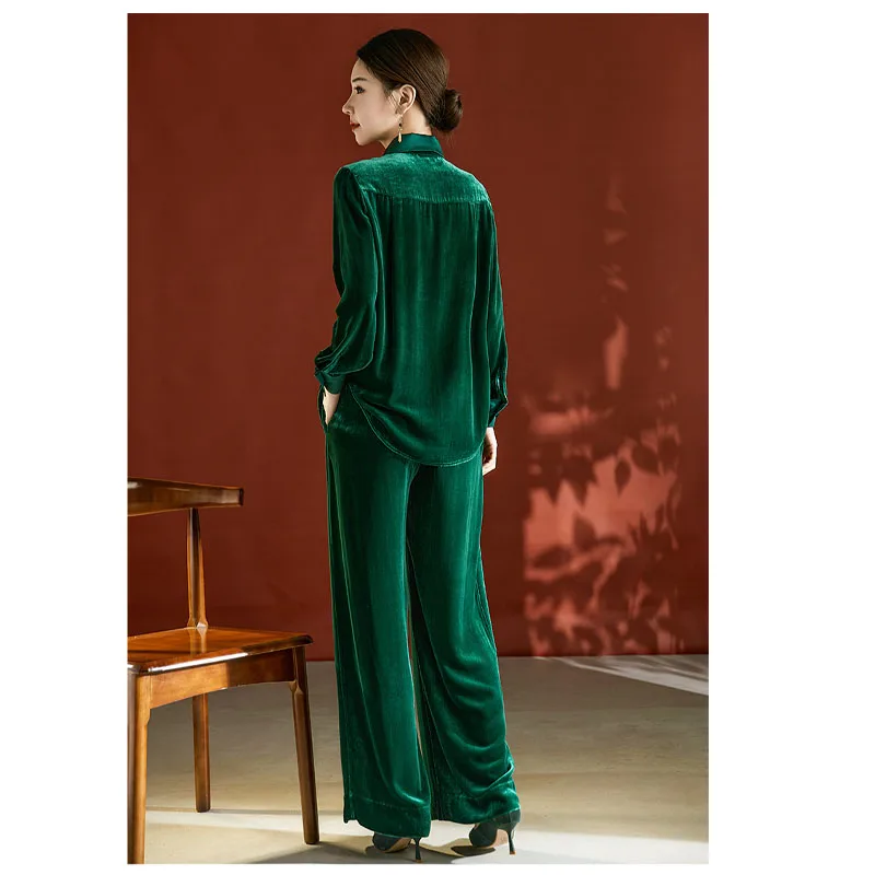 Silk Velvet Spring and Autumn Ladies Set Light Luxury Shirt Wide Leg Pants Two-piece Temperament Elegant Comfortable Breathable