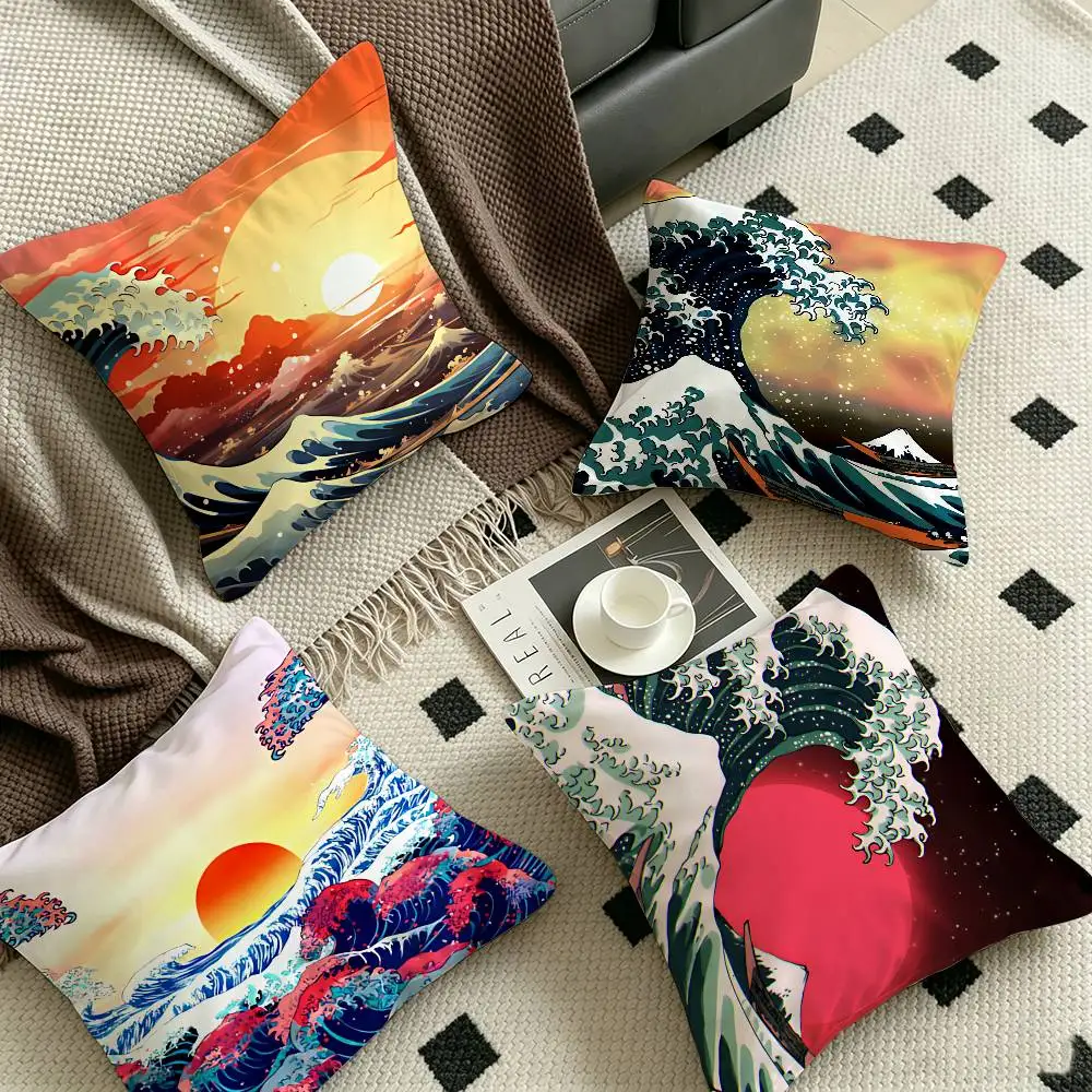 The Great Wave Off Kanagawa Art Pillow Covers Cartoon Sofa Decorative Home Double-sided Printing Short Plush Cute Cushion Cover