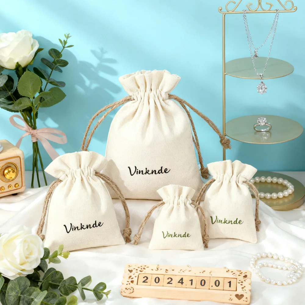 

100Pcs 7x9cm Customize Logo Size Drawstring Cotton Bags Natural Cotton Linen Muslin Sacks Wedding Jewelry Candy Gift Packaging