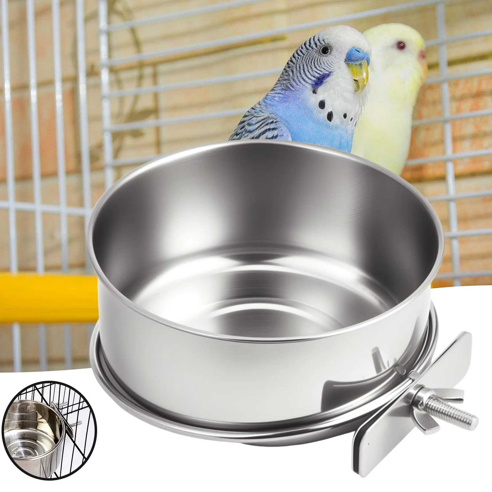 Copo de Comida para Papagaio em Aço Inoxidável, Comedouro Anti-Mordida para Pássaros, Recipiente de Alimentação para Animais de Estimação com Suporte para Gaiola