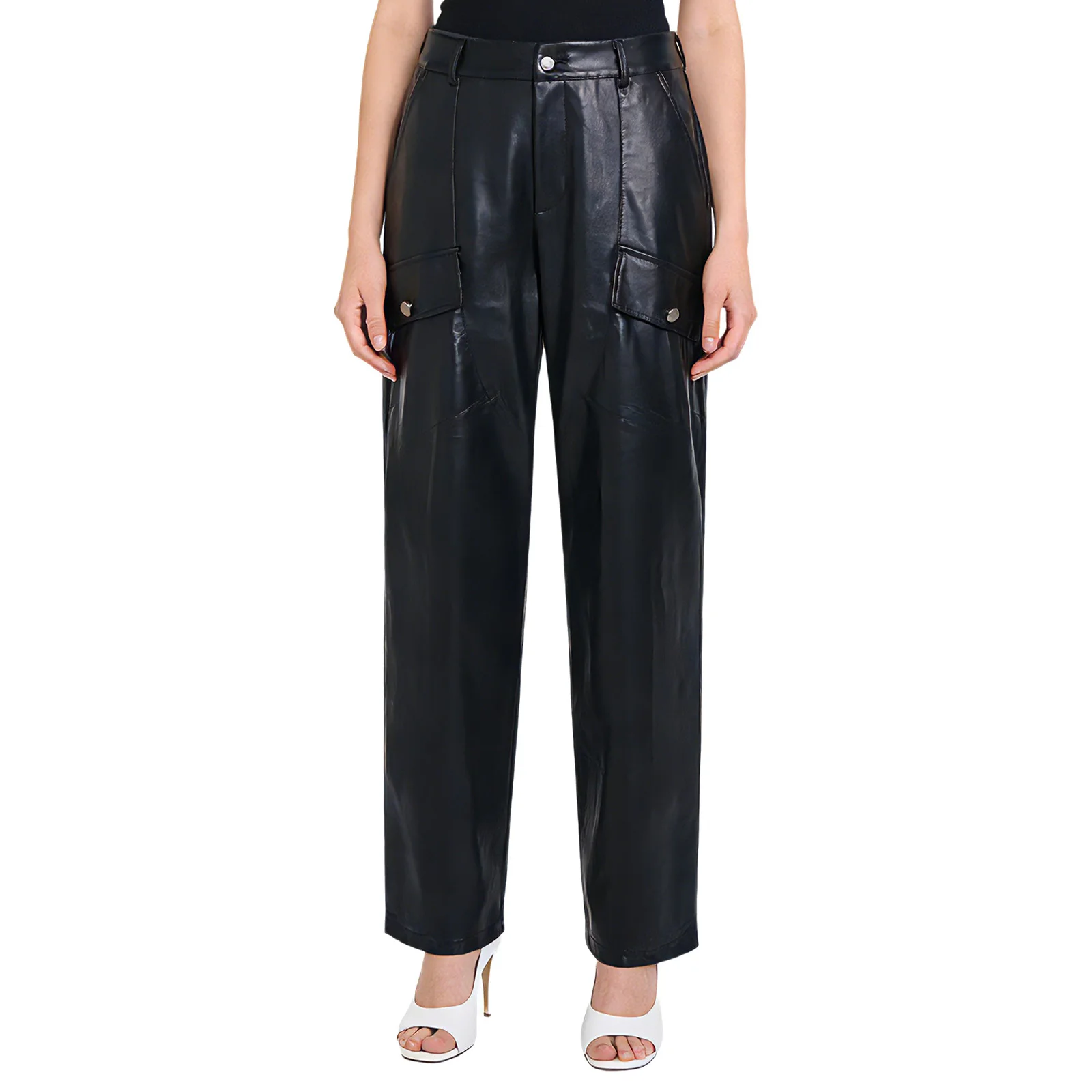 Womens Casual Cargo Pants PU Material Straight Leg with Stylish Fake Flap Pockets Trousers for Daily Wear Shopping Vacation