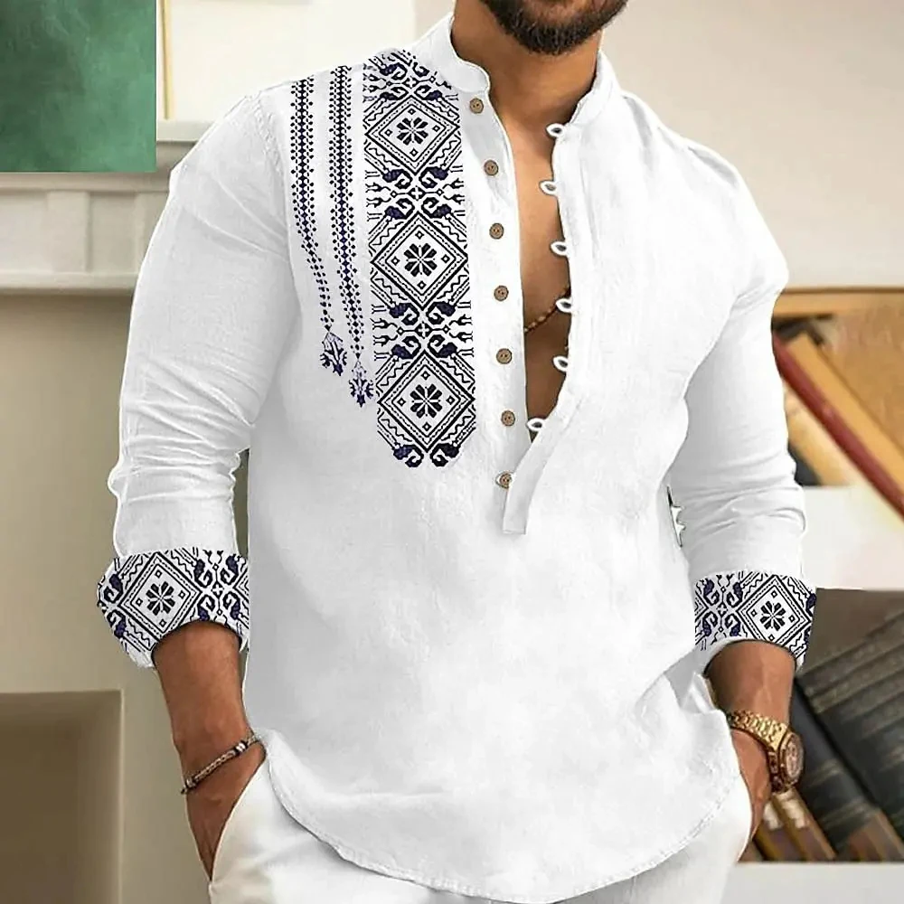 Men's Long-Sleeved Polo Shirt Linen Shirt Medieval Retro Comfortable Stand-Up Collar Men's Plus Size Top