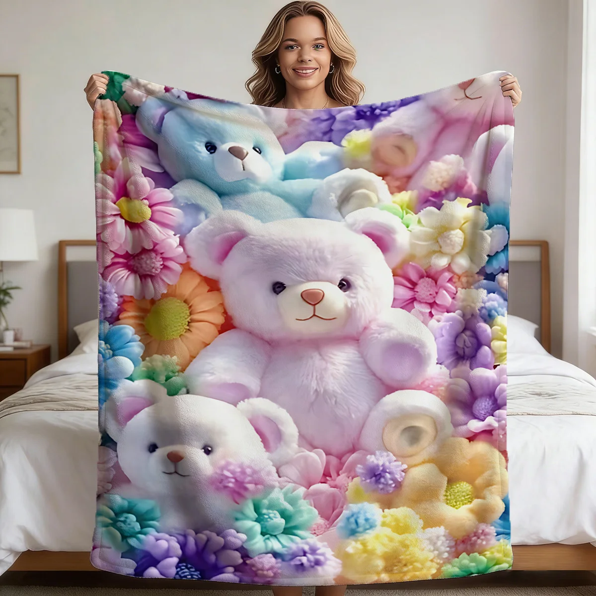 Super Soft Teddy Bear Floral Print Throw Blanket Plush Cozy Nursery Decor Gift for Baby Kids Room Comforter