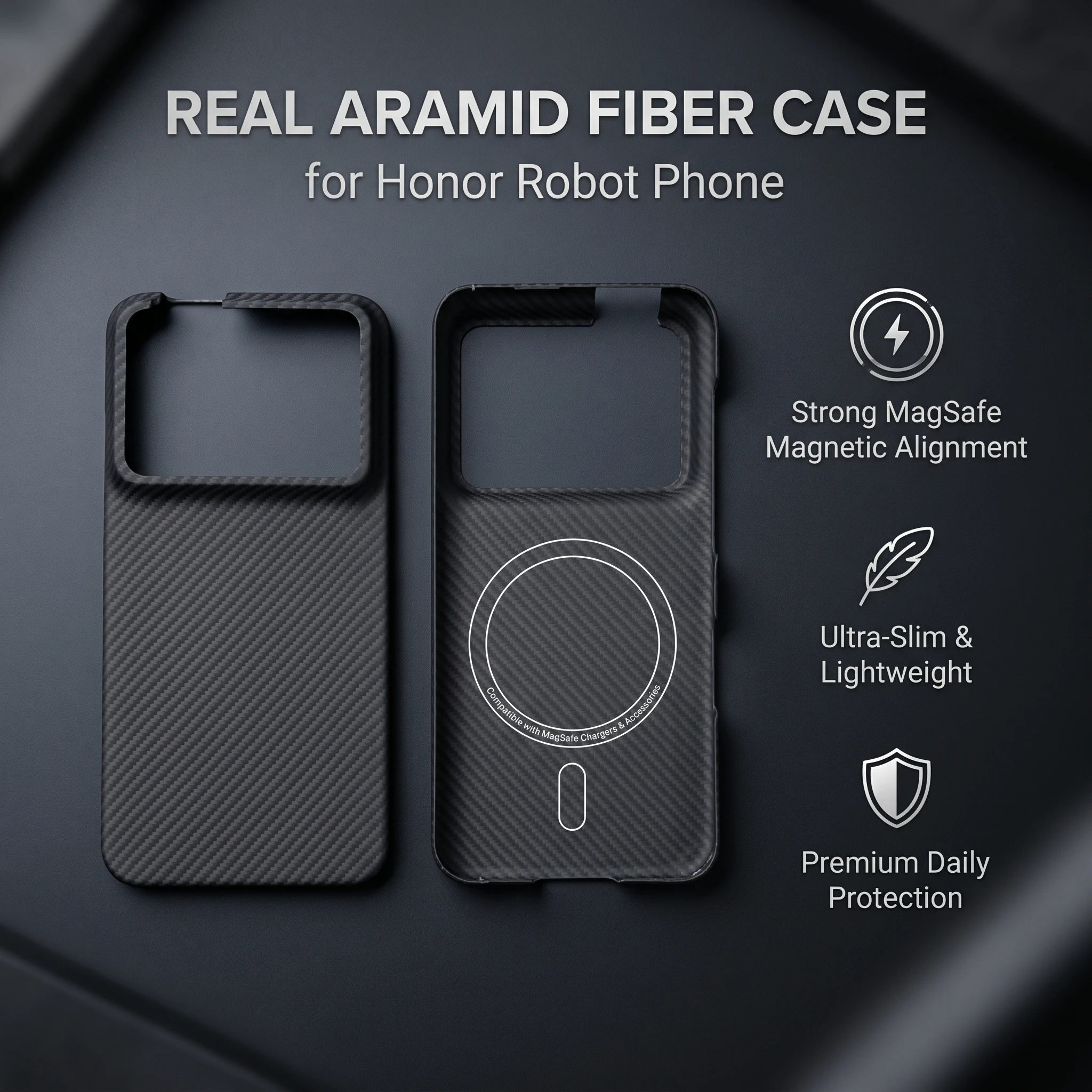Magnetic Real Aramid Fiber Case for Honor Robot Phone Ultra Slim MagSafe Hard Protective Cover Carbon Texture Bumper