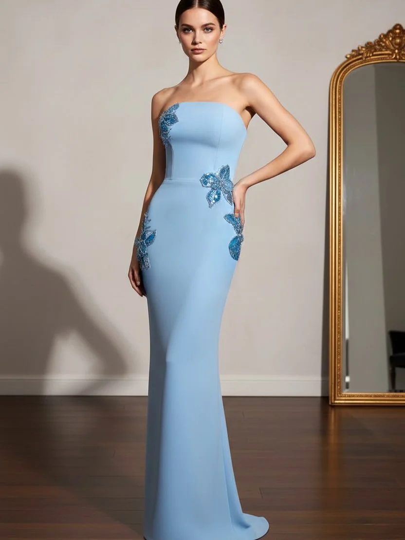 Robes de soirée luxueuses élégantes et arabes de Dubaï, robe de bal bleue sans bretelles