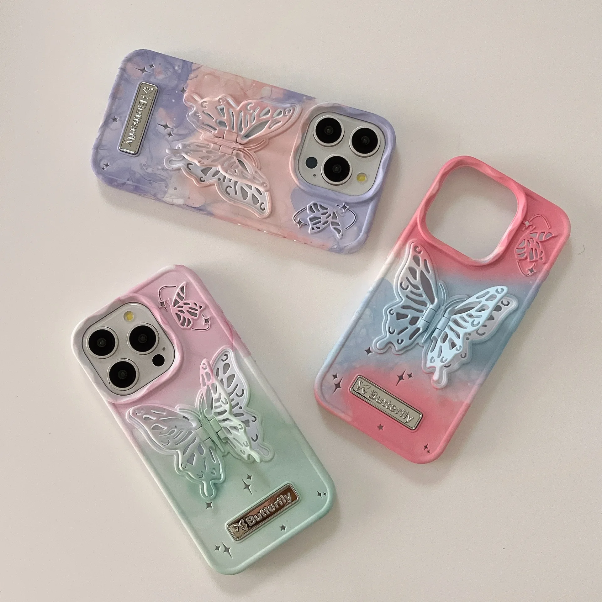 3D borboleta água adesivo, halo dye gradiente telefone caso, à prova de choque capa dura para iphone 15, 14, 13, 12, 11 pro max, mais