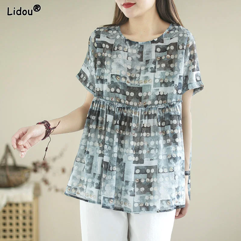 

Women's Clothing Printing Short Sleeve T-Shirts Round Neck Summer Elegant Fashion Loose Casual Patchwork Ruffles Dot Pattern