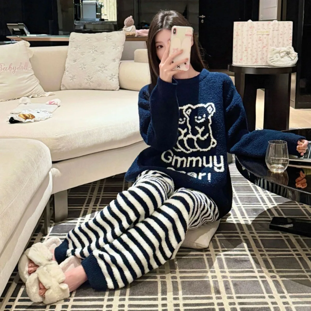 2PCS Korean Version Sweet Striped Half Flannel Pajamas Cute Women's Autumn Winter New Casual Home Suit Set Can Be Worn Outside