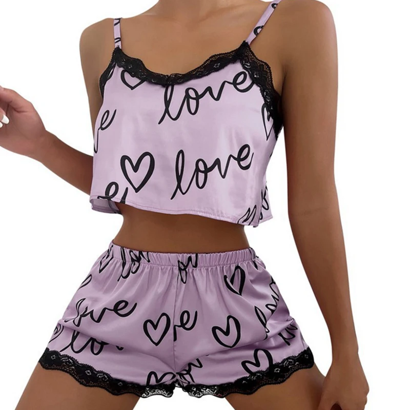 Women's 2-Piece Loungewear Set with Love & Heart Print and Lace Trim - Cute & Comfy, Perfect for Sleepwear