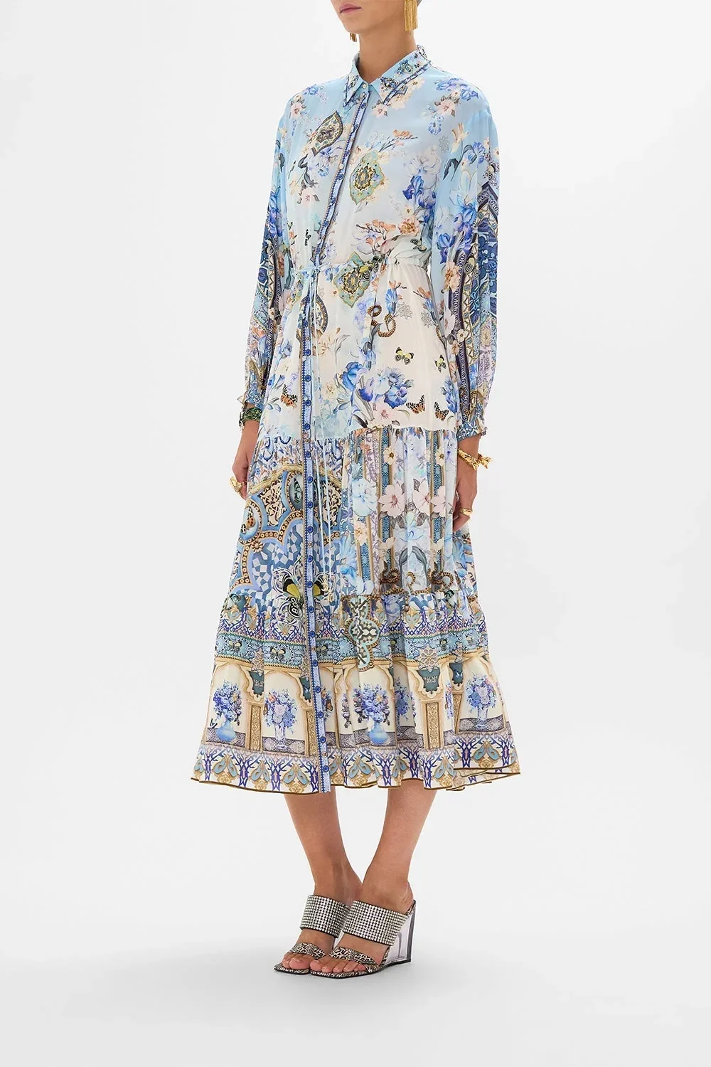 Damen-Hemdkleid mit blauem Blumendruck, einreihig, Umlegekragen, langärmelig, lässig, weiblich, 100