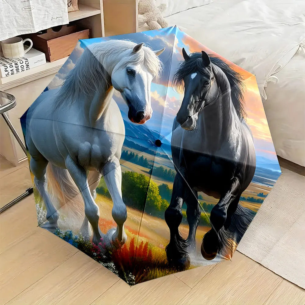 1PC Two majestic horses printed on a scenic umbrella design Print 8 Iron Ribs Folding Umbrella Auto-Open Fashion Sunshade