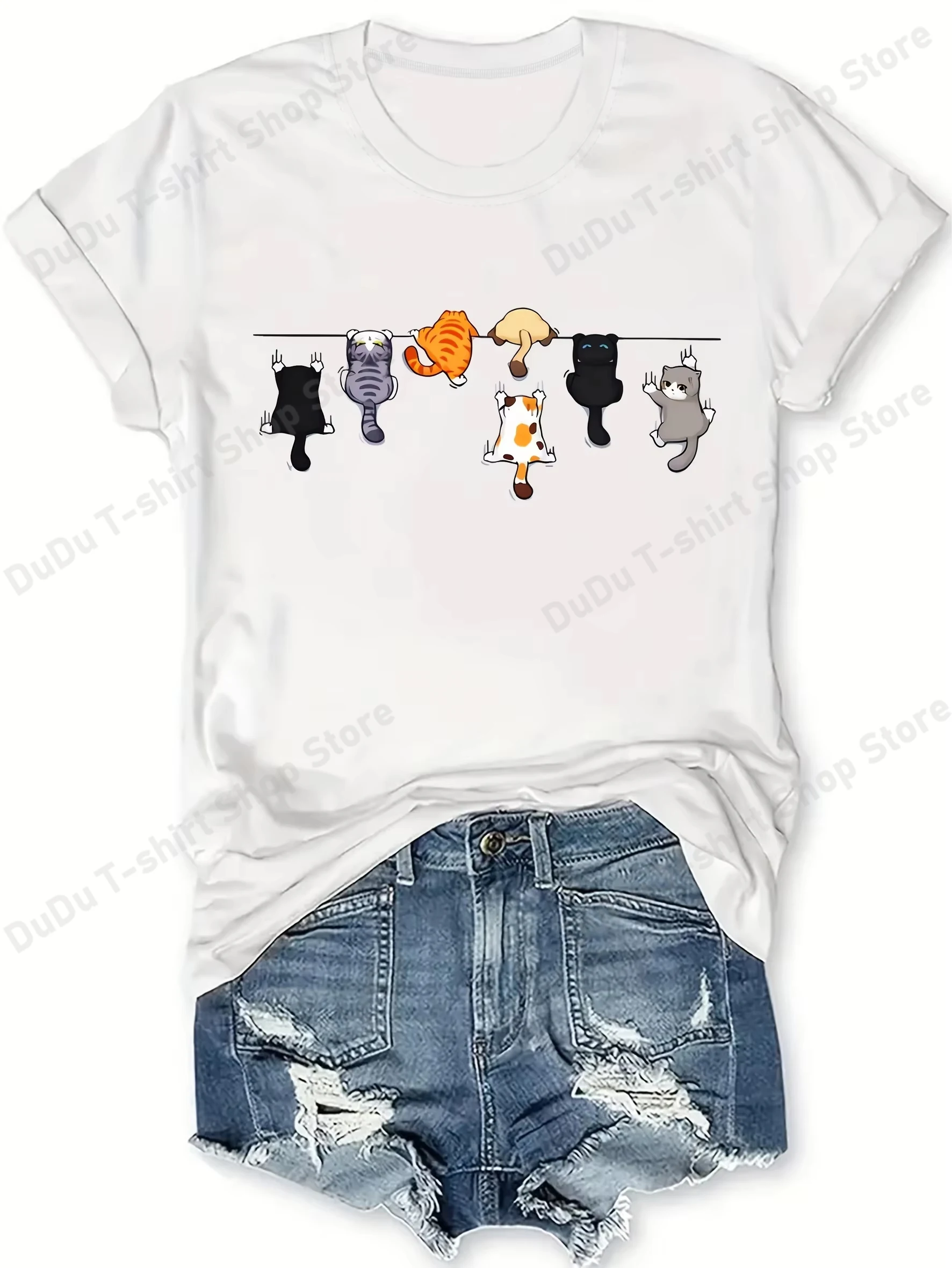 Women's Cute Cat Print T-Shirt Casual Round Neck Short Sleeve Top Stretch Fabric Unisex Summer Cool Short Sleeve