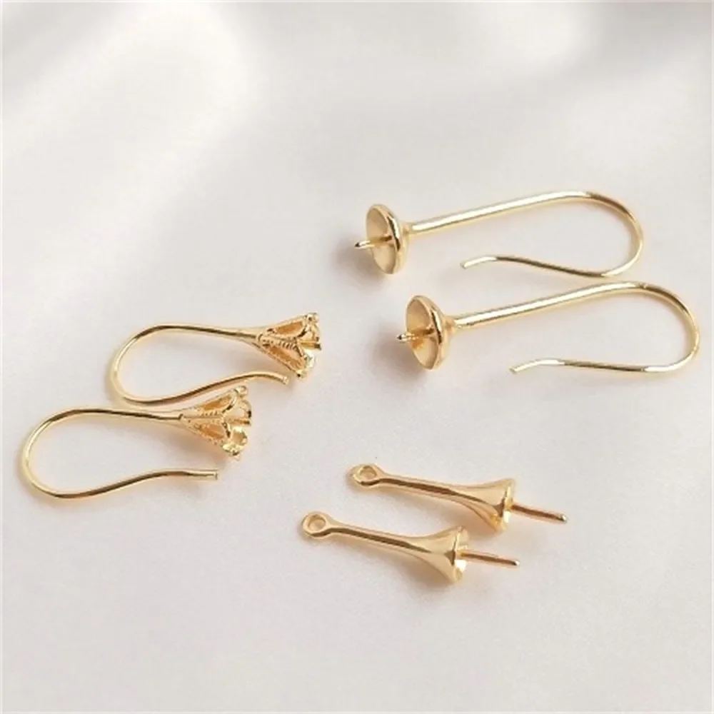 

14K Gold-Color Half-hole Bead Needle Long Pasted Crystal Pearl Ear Hook Pendant Tray DIY Earrings Jewelry Material E021