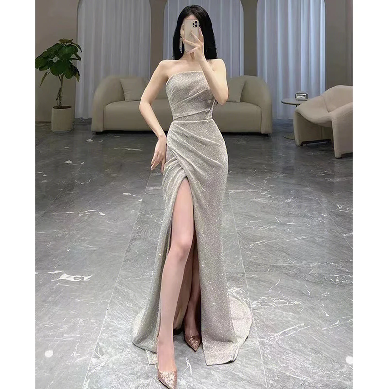 

Ele Long Evening Gown Women's New Host Fi Tail High-End Sensation Sequin Skirt One oulder Par Ball Dr