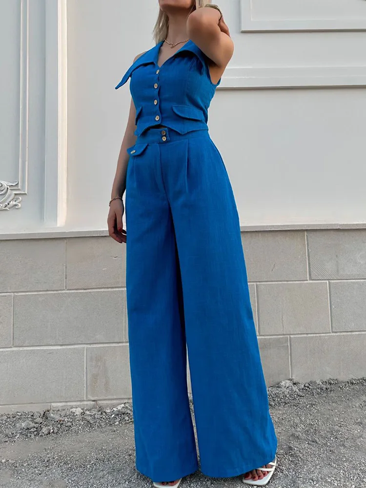 

Women Turn-Down Collar 2CPS Outfit, Spring Summer Loungewear Wide Leg Pants Matching Sets, New Short Top Ladies Suits Streetwear