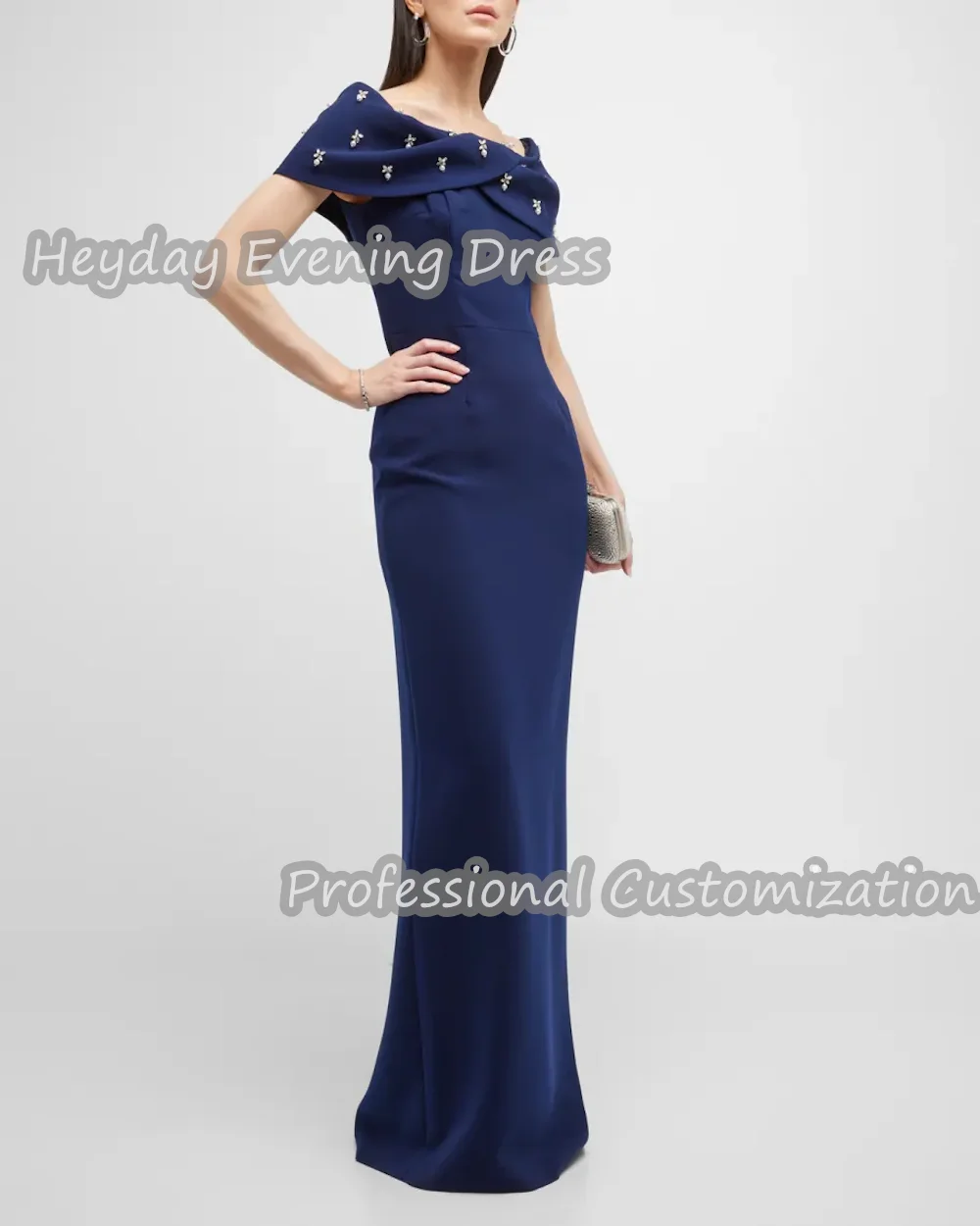 Heyday Off-the-shoulder Saudi Arabia Short Sleeves Straight Prom Gown Crepe Beaded Floor Length Elegant Dress For Women 2024