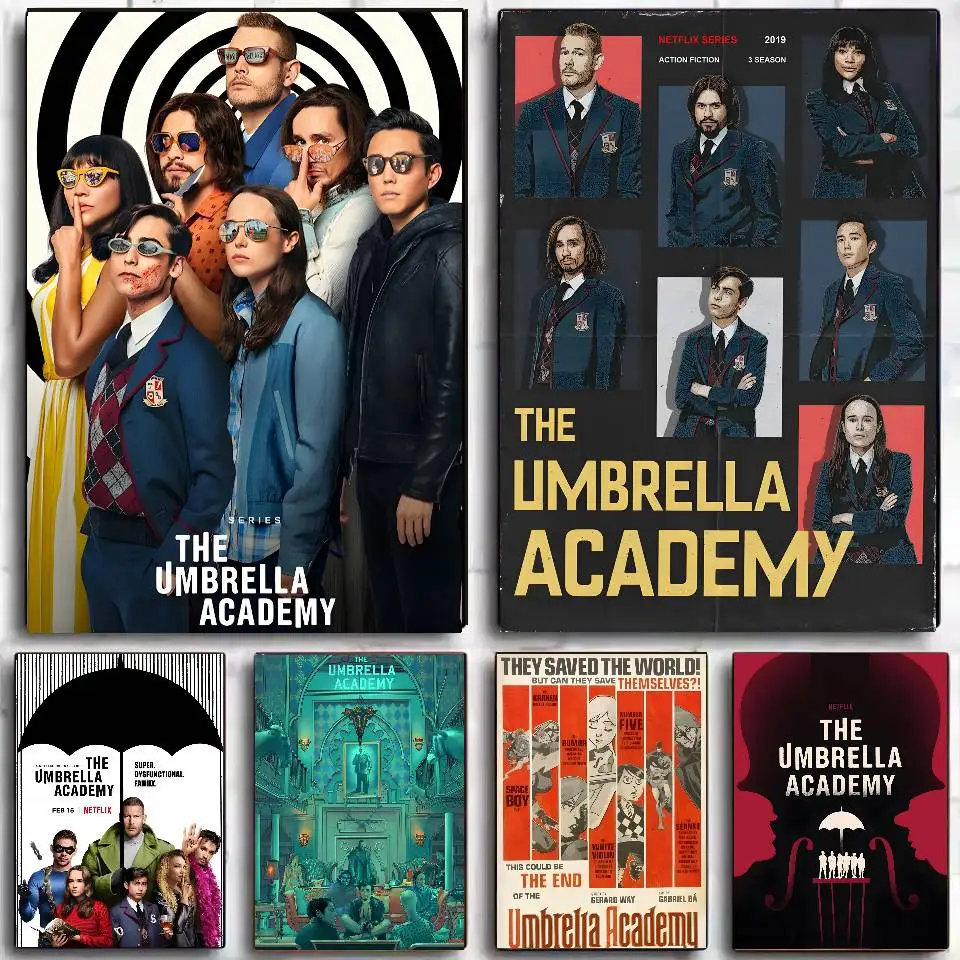 Póster de película clásica The Umbrella Academy, arte autoadhesivo, pegatina impermeable, decoración de pared de habitación, dormitorio y cafetería