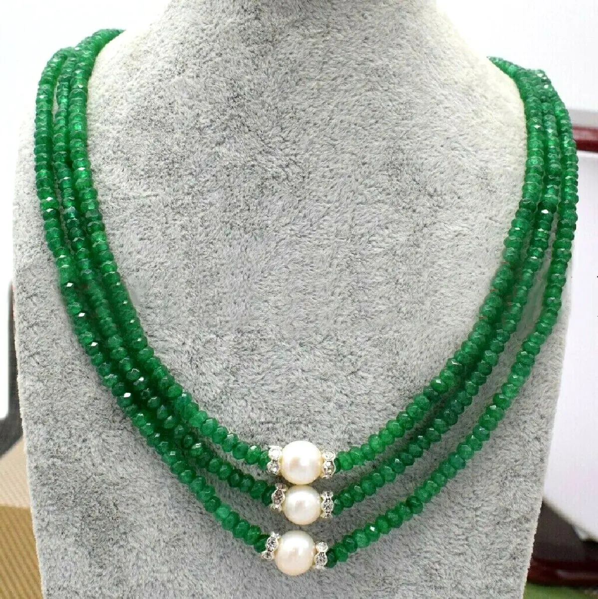 

3rows 2x4mm Faceted 3color green Emerald red jade & 9-10mm white freshwater pearls necklace 17"-19"