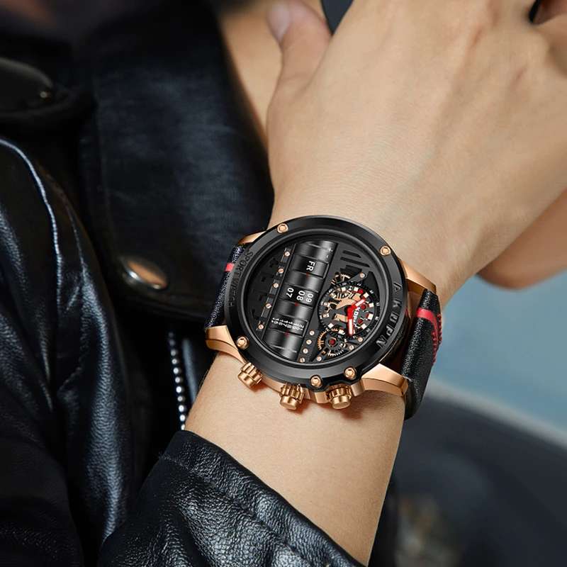 高級機械式時計男性用ビジネスカジュアル腕時計男性クリエイティブ男性腕時計ユニークな回転日付レザーストラップ腕時計