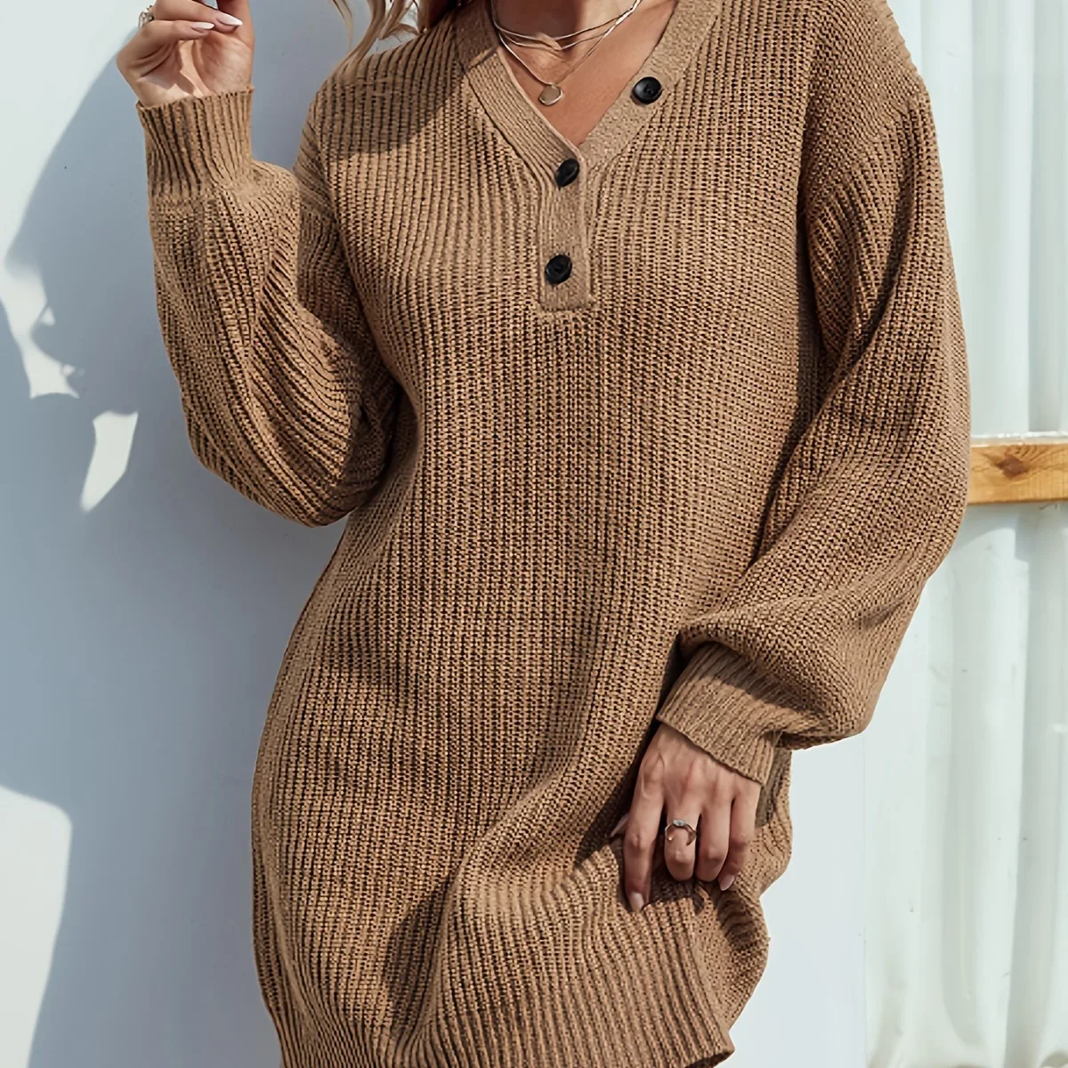 

Women's Long Lantern Sve Knitted Sweater V-Ne Button-Up Mid-Length Dr Spring Faion Regular Thin Acrylic Blend