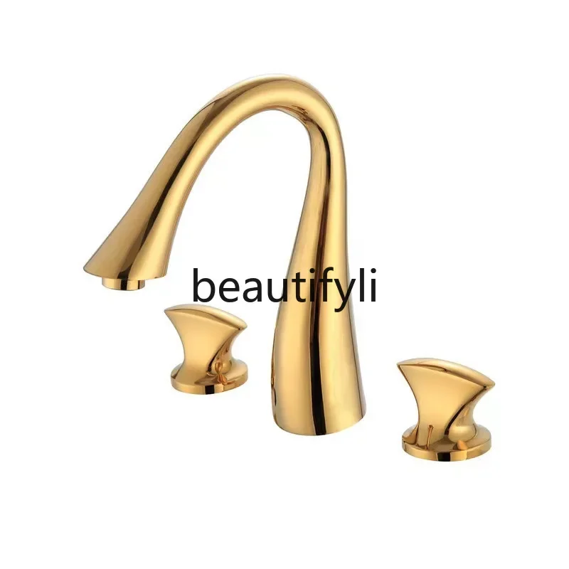 

Retro three-hole faucet, bathroom cabinet, basin, all-copper hot and cold faucet, double handle split gold chrome water head