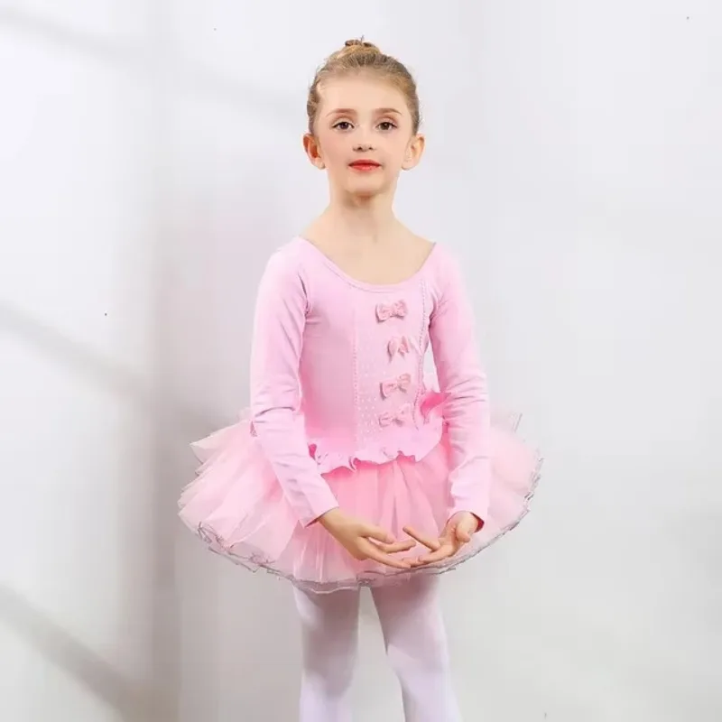 Girls Ballet Dance Tutu Dress Kids Children Short /Long Sleeves Tulle Bowknot Gymnastics Leotard Ballet Core Birthday Party Wear
